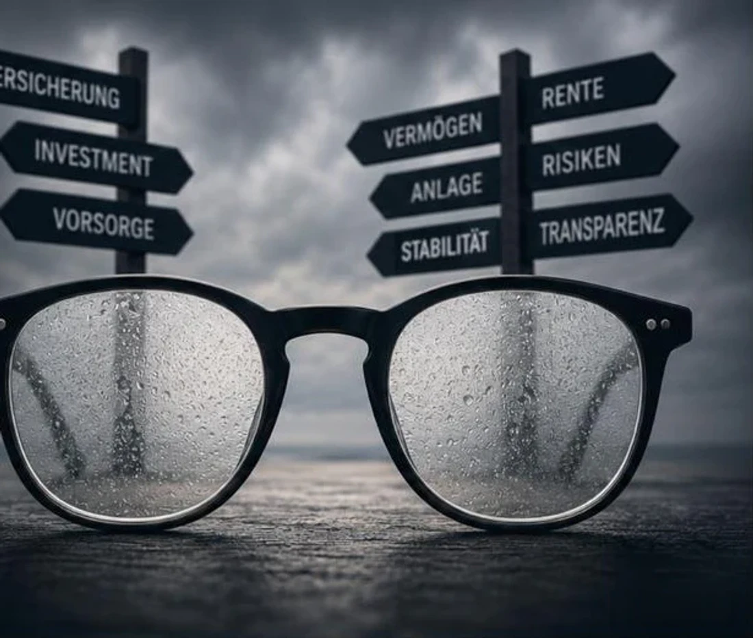 Brille vor Wegweisern zu Versicherung, Investment, Vorsorge, Vermögen, Anlage, Stabilität, Rente, Risiken und Transparenz